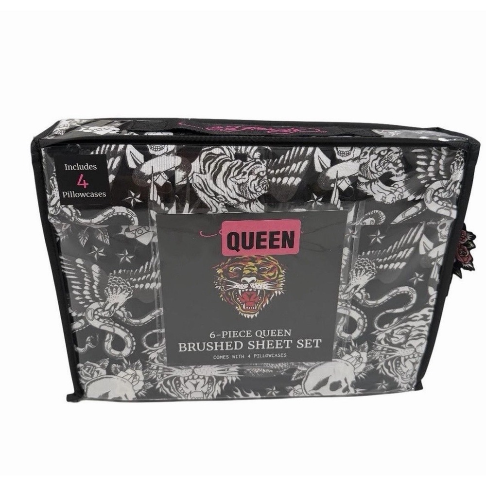 Ed Hardy Tiger Skull Snake Black White 6 Piece Queen Sheet Set NWT
